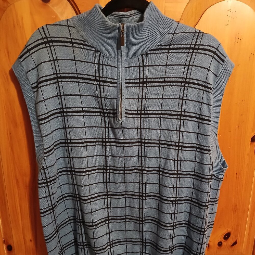 Cutter & Buck 1/4 Zip Golf Sweater Vest, Men's Large, Blue Plaid, EUC